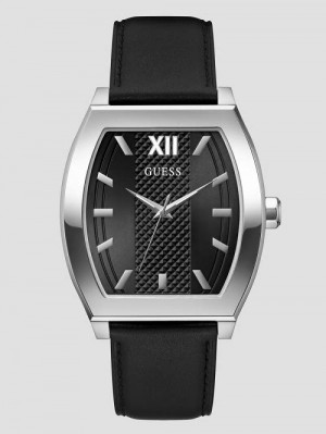Guess Silver-Tone and Black Leather Analog Watch Argintii | GUESS-SN31670