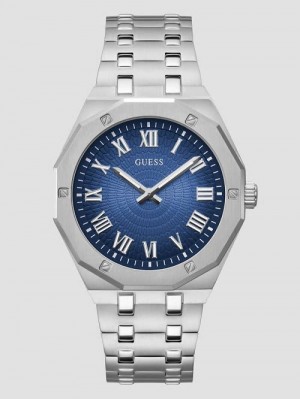 Guess Silver-Tone and Blue Octagonal Analog Watch Argintii | GUESS-SN31676