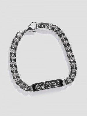 Guess Silver-Tone and Onyx Script Chain Bracelet Argintii | GUESS-SN31823