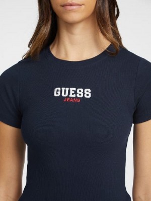 Guess Slim Rib-Knit Embroidered Tee Albastri | GUESS-SN27212