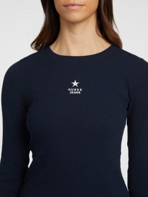 Guess Slim Rib-Knit Star Tee Albastri | GUESS-SN27484
