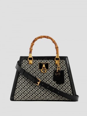 Guess Stephi Jacquard Logo Bamboo Satchel Negrii | GUESS-SN28738