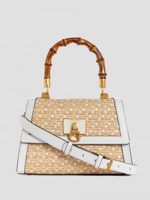 Guess Stephi Straw Logo Bamboo Fold-Over Satchel Albi | GUESS-SN28927