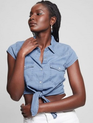 Guess Tie-Front Crop Western Shirt Albastri | GUESS-SN27220