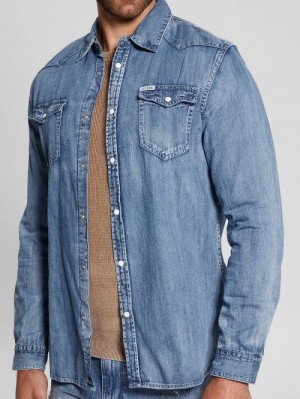 Guess Truckee Long-Sleeve Denim Shirt Albastri | GUESS-SN31107