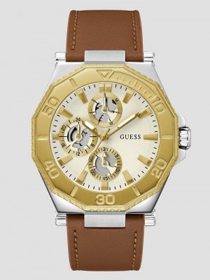 Guess Two-Tone and Brown Leather Multifunction Watch Aurii | GUESS-SN31656