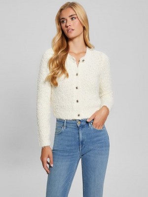 Guess Ume Boucle Feathered Cardigan Albi | GUESS-SN27711