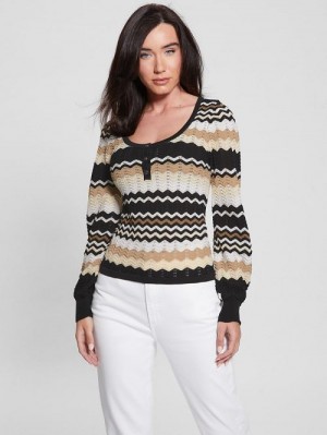 Guess Virginia Chevron Stripe Henley Sweater Negrii Albi | GUESS-SN27821