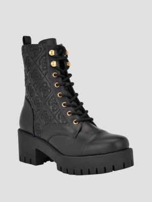 Guess Waite Embossed Lace-Up Moto Boots Negrii | GUESS-SN29913