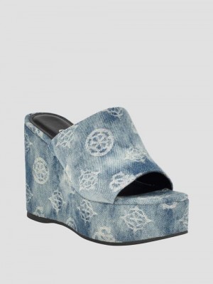 Guess Yenise Denim Platform Wedges Albastri | GUESS-SN29689