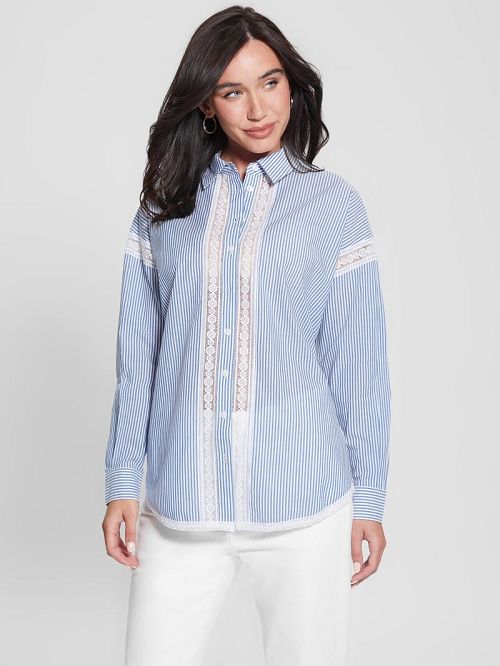 Guess Abigail Striped Lace Trim Shirt Albastri | GUESS-SN27550