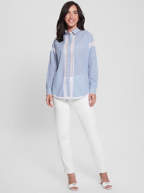 Guess Abigail Striped Lace Trim Shirt Albastri | GUESS-SN27550