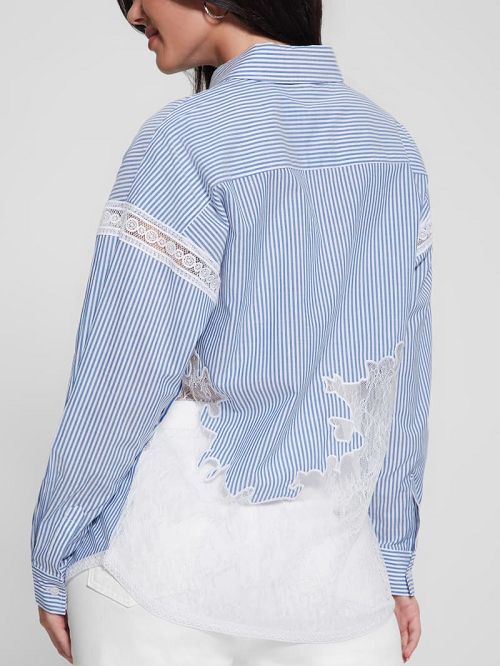 Guess Abigail Striped Lace Trim Shirt Albastri | GUESS-SN27550