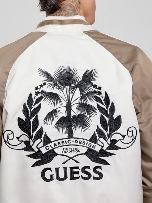 Guess Ace Satin Palms Flight Jacket Albi | GUESS-SN30825