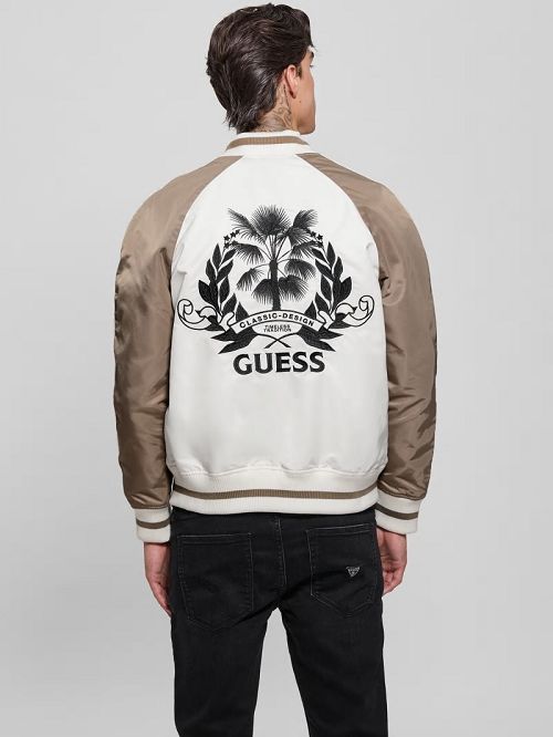 Guess Ace Satin Palms Flight Jacket Albi | GUESS-SN30825