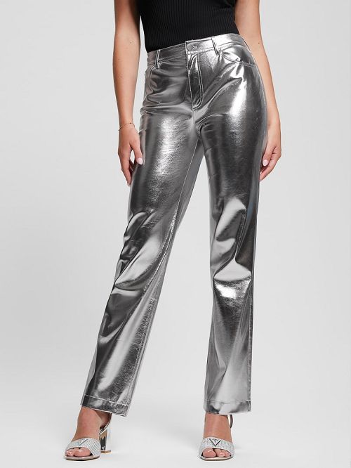 Guess Ambra Metallic Faux-Leather Pants Argintii | GUESS-SN28209