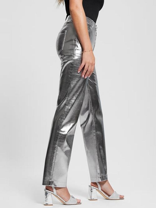 Guess Ambra Metallic Faux-Leather Pants Argintii | GUESS-SN28209