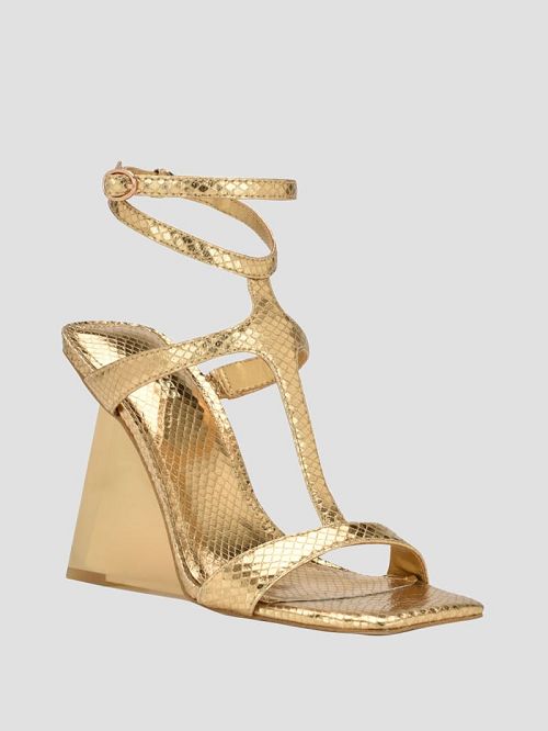 Guess Bacio Metallic T-Strap Wedge Heels Aurii | GUESS-SN29861