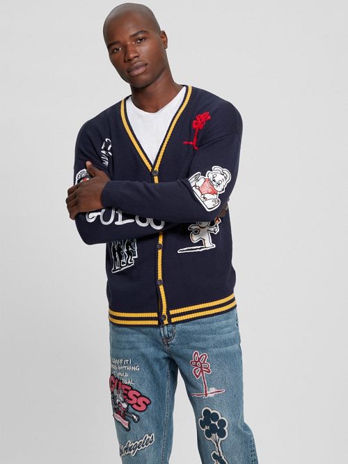 Guess Caleb Patched Cardigan Albastri | GUESS-SN30921