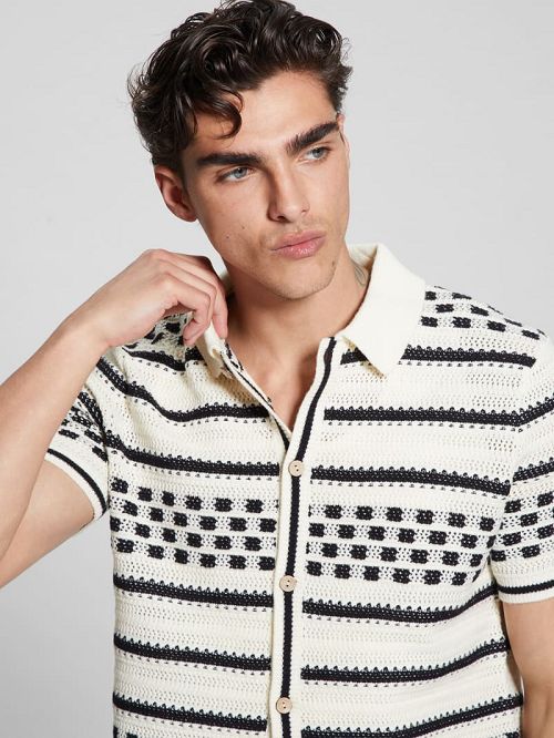 Guess Checker Stripe Slater Shirt Negrii Albi | GUESS-SN31276