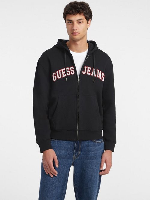 Guess Chenille Patch Zip-Up Hoodie Negrii | GUESS-SN30956