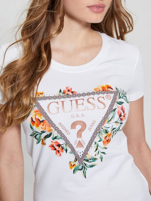 Guess Crewneck Flowers Icon Tee Albi | GUESS-SN27064