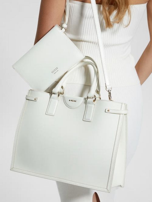 Guess Cristina Leather Medium Satchel Bej | GUESS-SN29277
