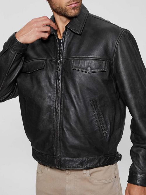 Guess Distressed Leather Flight Jacket Negrii | GUESS-SN30882