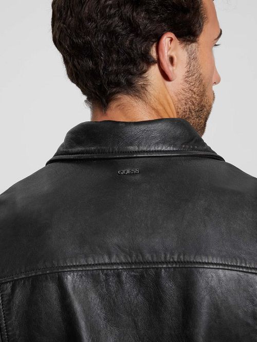 Guess Distressed Leather Flight Jacket Negrii | GUESS-SN30882