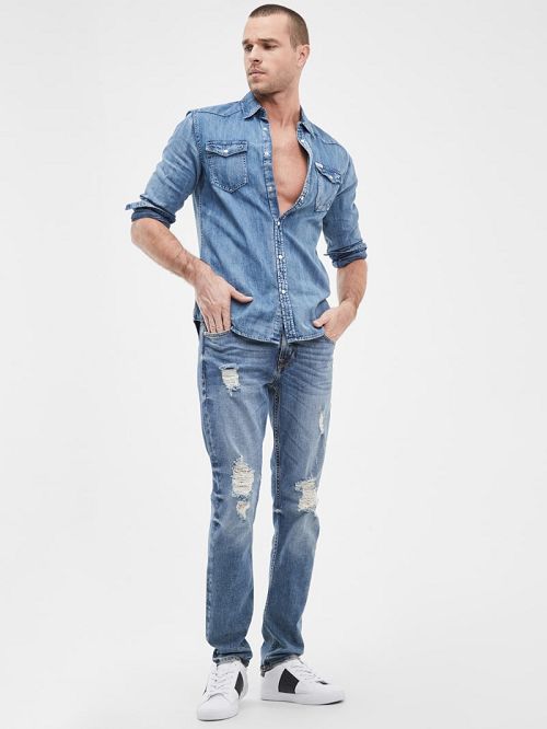 Guess Distressed Tapered Jeans Albastri | GUESS-SN30353