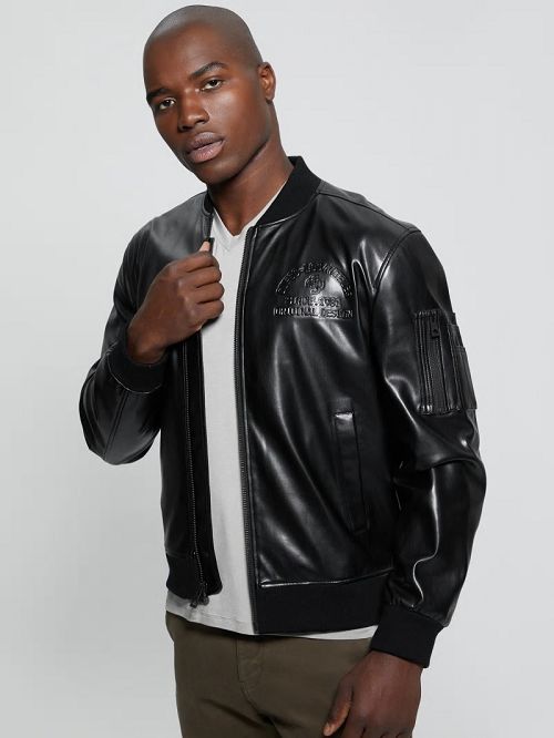 Guess District Faux-Leather Signature Jacket Negrii | GUESS-SN30871