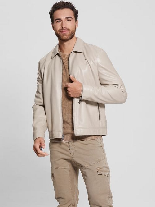 Guess District Faux-Leather Zip Jacket Bej | GUESS-SN30753