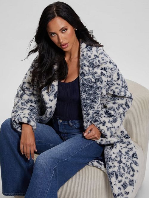 Guess Eco Carolina Printed Sherpa Coat Albastri | GUESS-SN27958