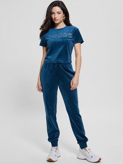 Guess Eco Couture Velvet Logo Tee Albastri | GUESS-SN28368