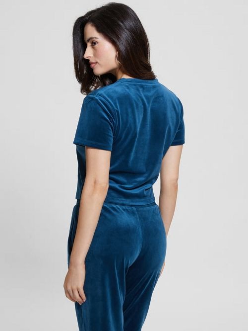 Guess Eco Couture Velvet Logo Tee Albastri | GUESS-SN28368