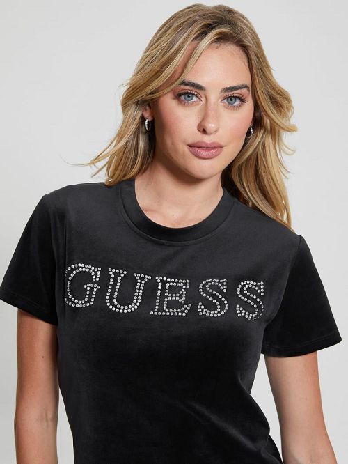 Guess Eco Couture Velvet Logo Tee Negrii | GUESS-SN28397