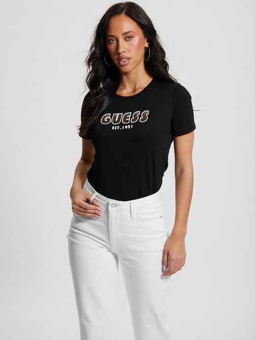 Guess Eco Crewneck Rhinestone Logo Tee Negrii | GUESS-SN27054