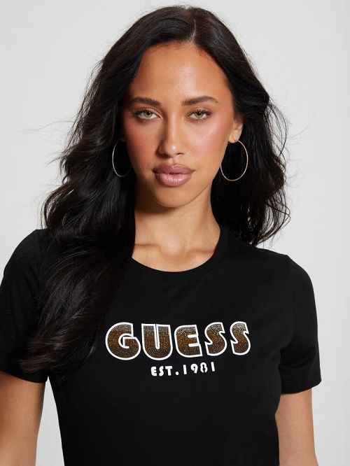 Guess Eco Crewneck Rhinestone Logo Tee Negrii | GUESS-SN27054