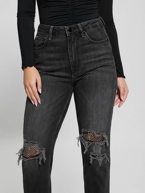 Guess Eco Crystal Rip-and-Repair Mom Jeans Negrii | GUESS-SN26507