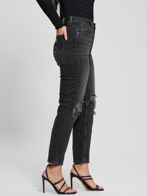 Guess Eco Crystal Rip-and-Repair Mom Jeans Negrii | GUESS-SN26507