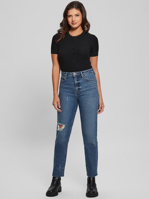 Guess Eco Distressed Mom Jeans Albastri | GUESS-SN26592