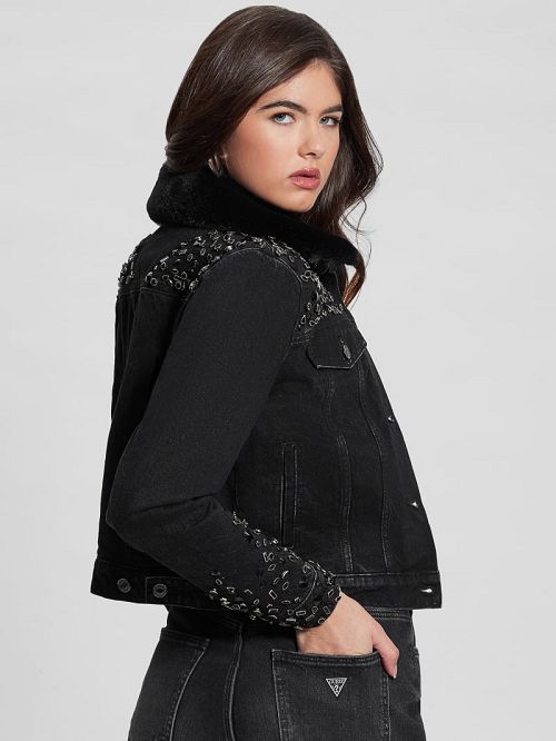 Guess Eco Doria Shearling Collar Denim Jacket Negrii | GUESS-SN27882