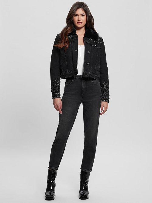 Guess Eco Doria Shearling Collar Denim Jacket Negrii | GUESS-SN27882
