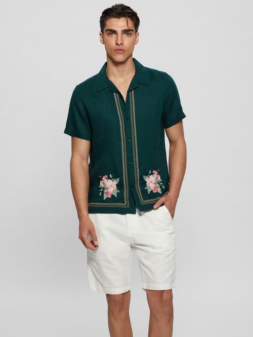 Guess Eco Embroidered Island Linen Shirt Verzi | GUESS-SN31136