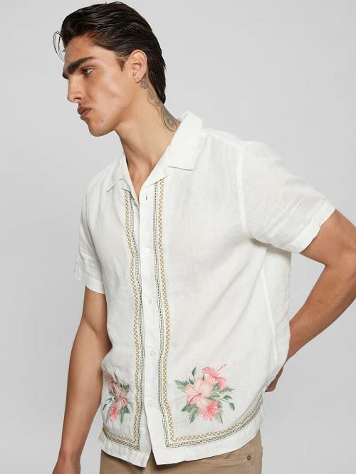 Guess Eco Embroidered Island Linen Shirt Albi | GUESS-SN31219