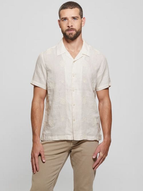 Guess Eco Embroidered Motif Linen Shirt Albi | GUESS-SN31268