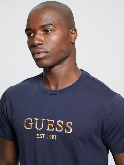 Guess Eco Embroidered Signature Tee Albastri | GUESS-SN30655