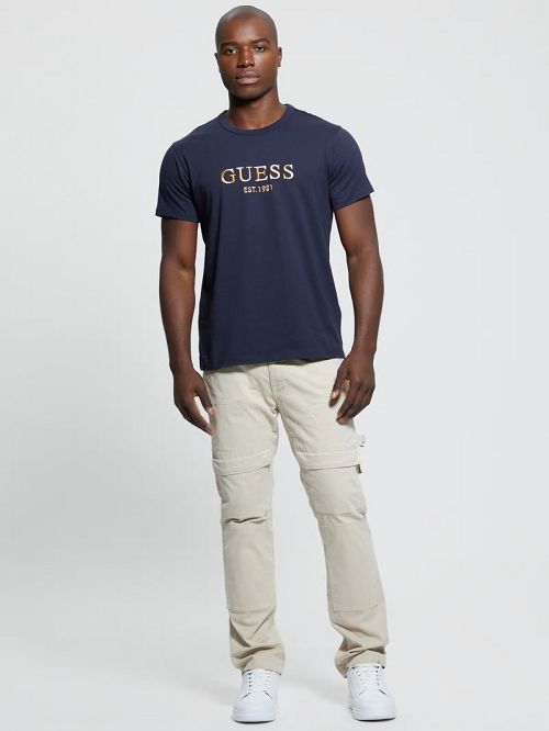 Guess Eco Embroidered Signature Tee Albastri | GUESS-SN30655