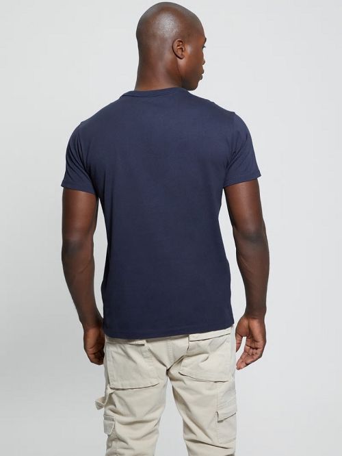 Guess Eco Embroidered Signature Tee Albastri | GUESS-SN30655