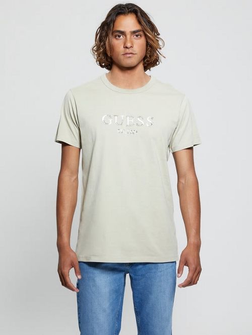 Guess Eco Embroidered Signature Tee Bej | GUESS-SN30601